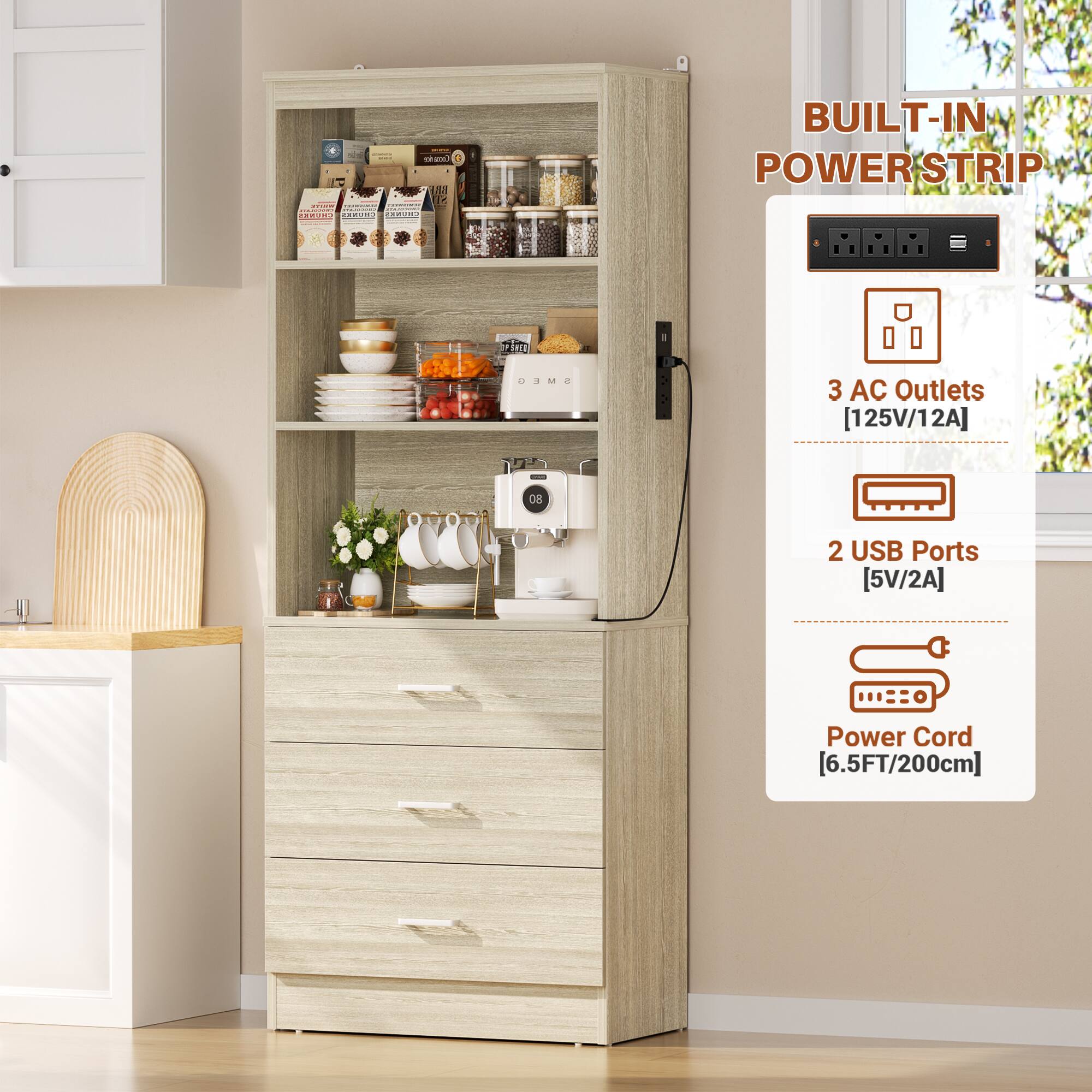 BUILT-IN POWERSTRIP  
3 AC Outlets [125V/12A]  
2 USB Ports [5V/2A]  
Power Cord [6.5FT/200cm]