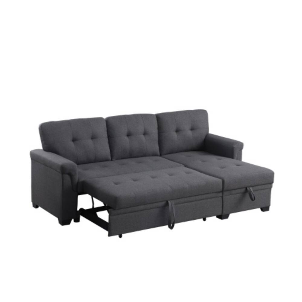 Alt View 1. LUCKY ONE - 84" Dark Gray Linen Reversible Sleeper Sectional Sofa with Storage Chaise, Pull-Out Bed, Space-Saving Design - Dark Gray.