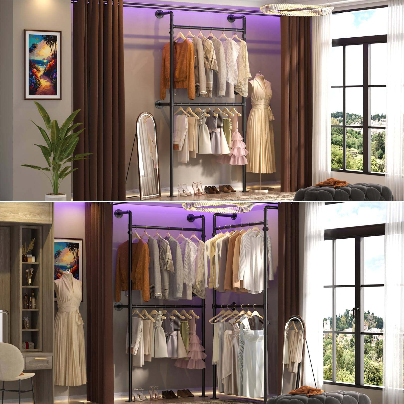 Alt View 3. Aheaplus - Wall-Mounted Industrial Pipe Clothing Rack, Heavy Duty & Reversible - Black.