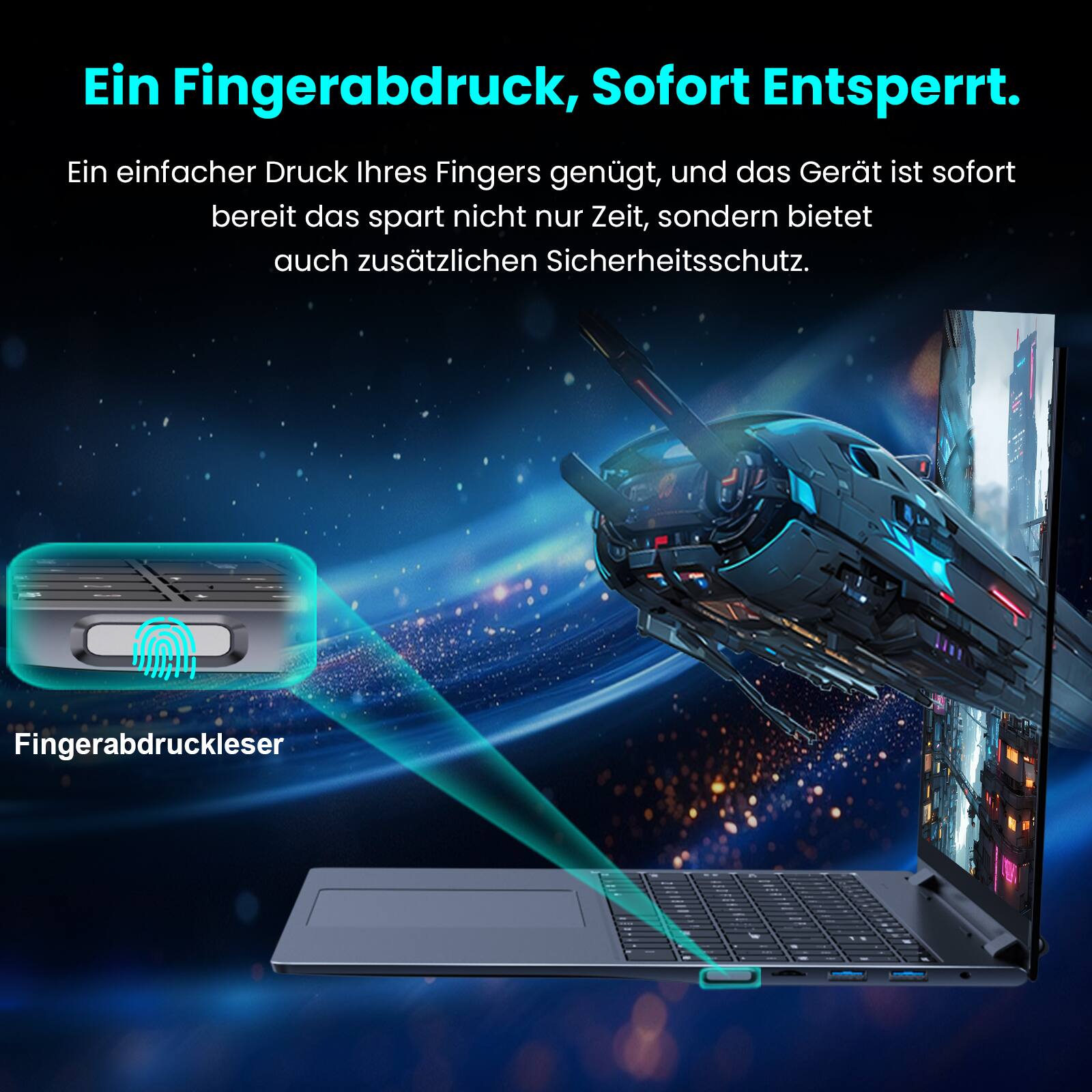 Ein Fingerabdruck, sofort Entsperrt. Ein einfacher Druck Ihres Fingers genügt, und das Gert ist sofort bereit das spart nicht nur Zeit, sondern bietet auch zusätzlichen Sicherheitsschutz. Fingerabdruckleser.