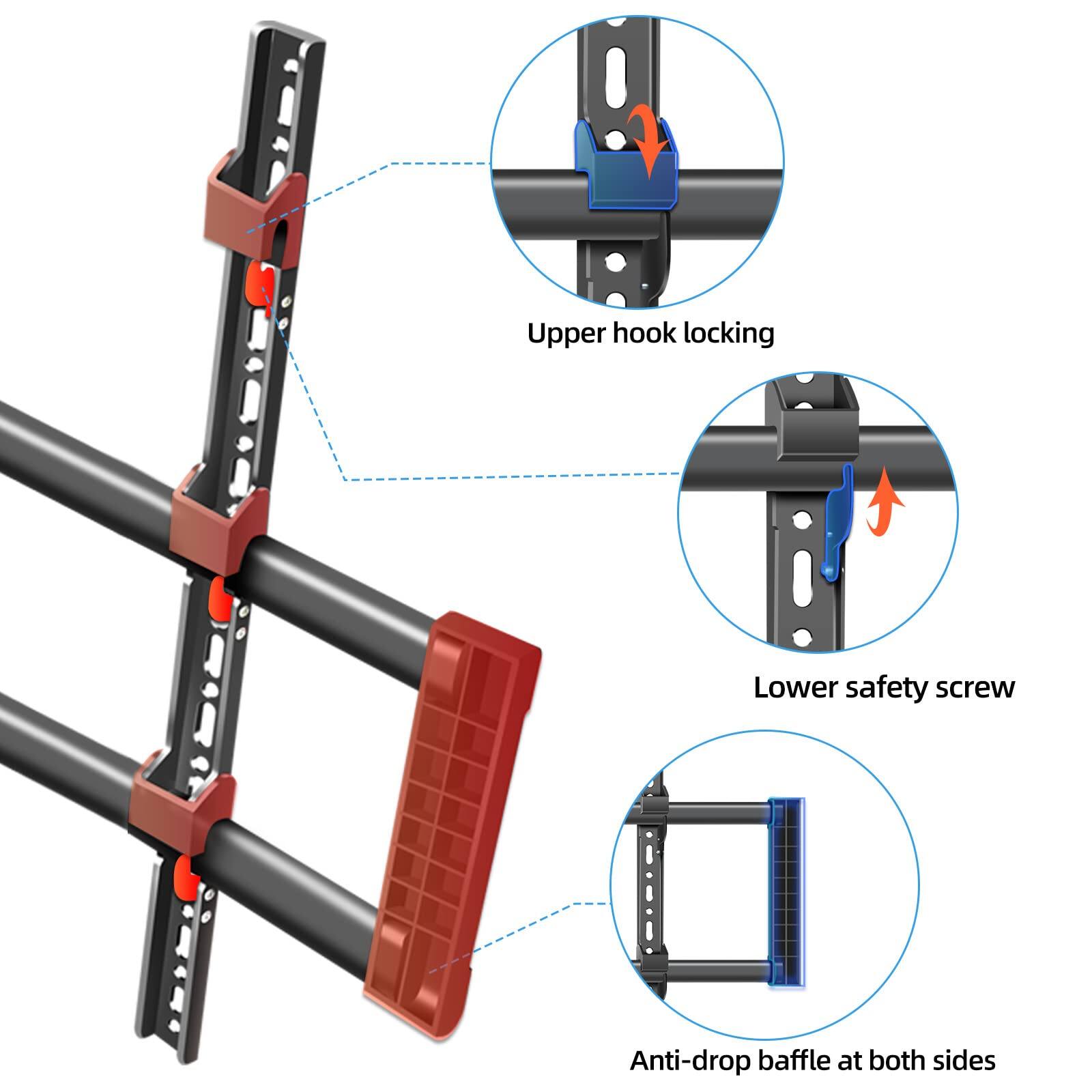 Upper hook locking  
Lower safety screw  
Anti-drop baffle at both sides