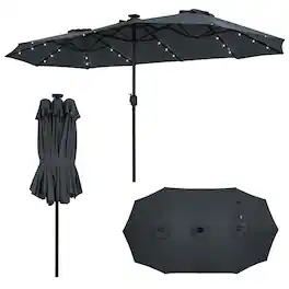 Costway - 13 FT Double-Sided Patio Umbrella with Solar Lights, 36 LED Lights, Crank Handle - Gray