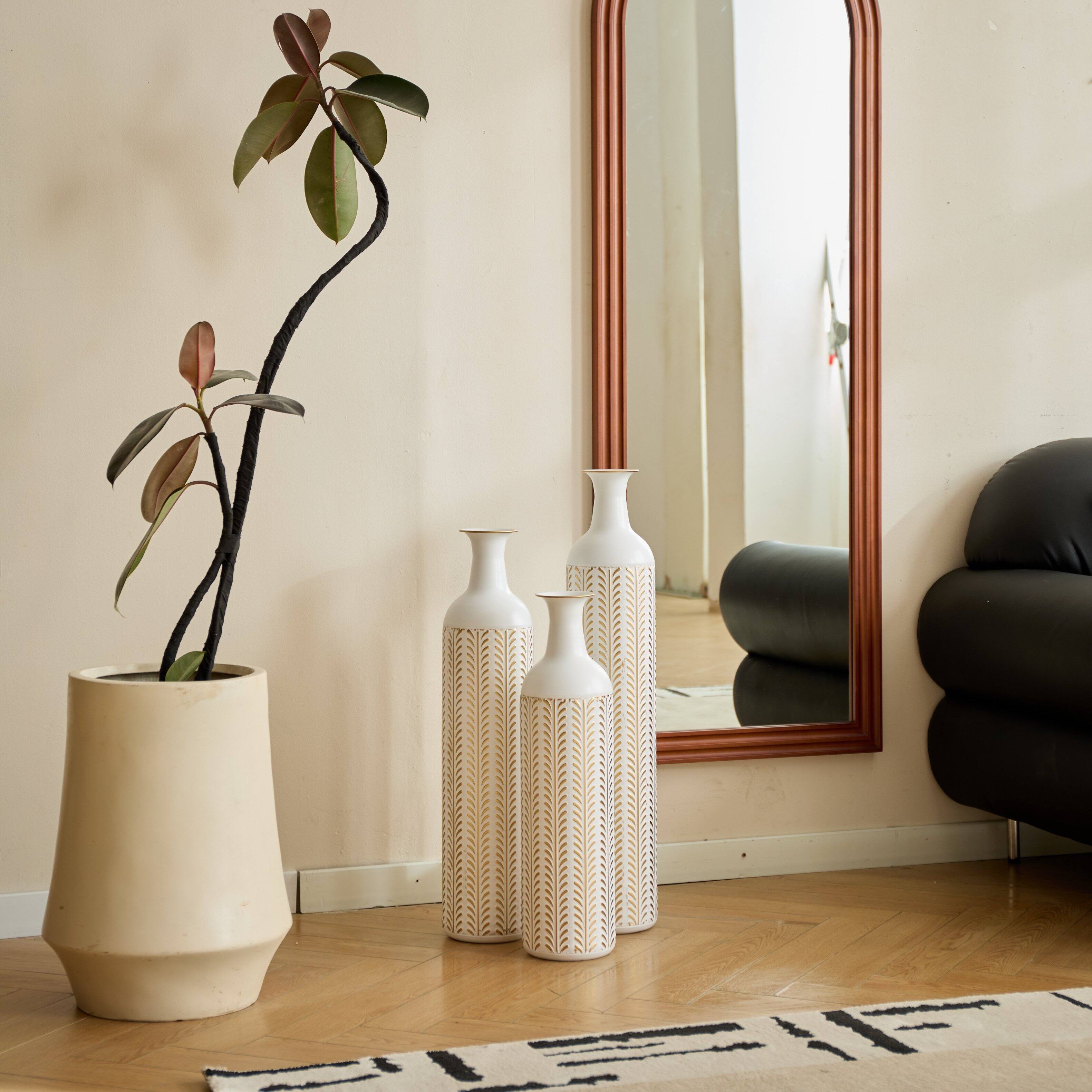 Alt View 1. Anysun - Modern White Metal Floor Vase 3-Piece Set - Glazed Finish for Home Decoration, Large Sizes - White.