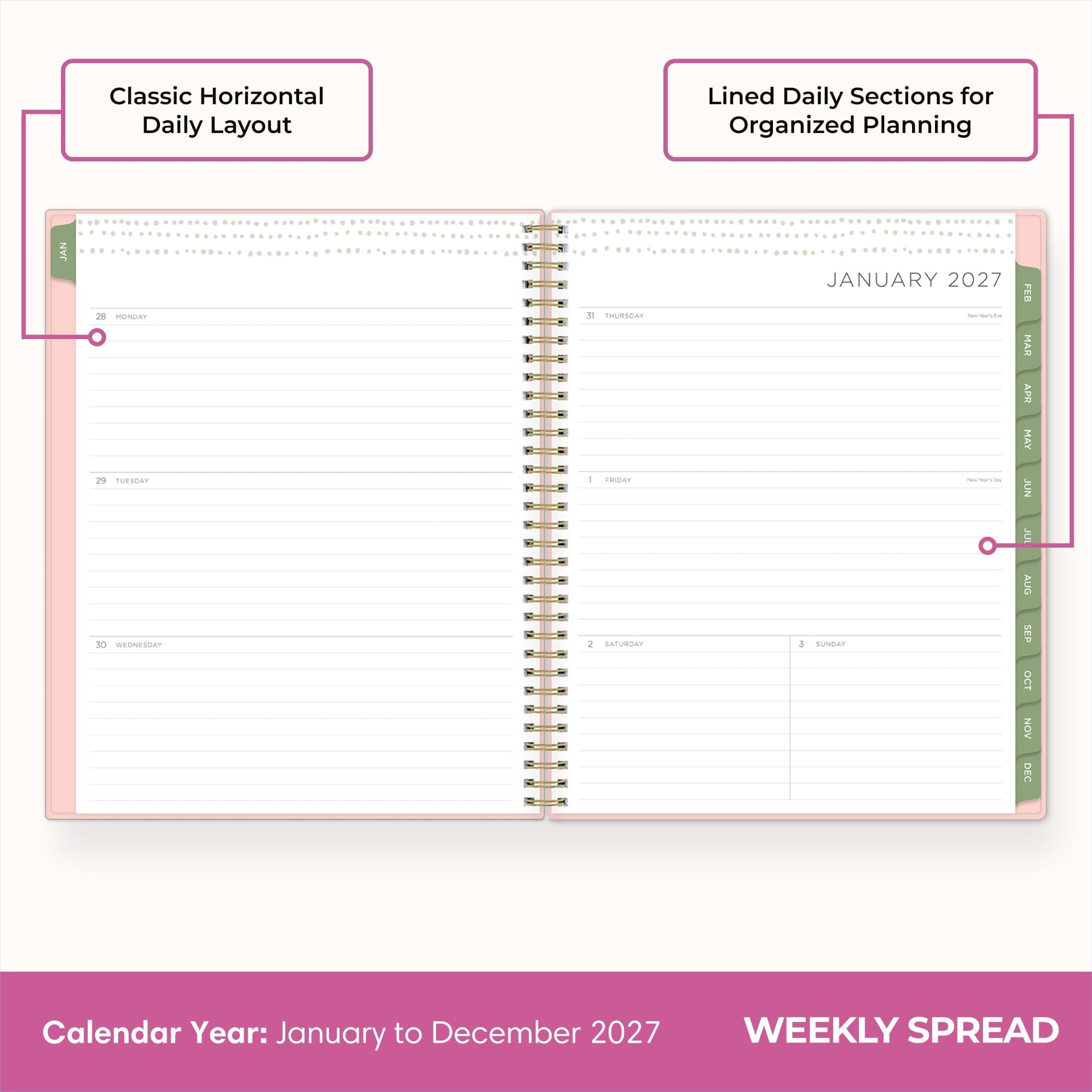 Classic Horizontal Daily Layout  
Lined Daily Sections for Organized Planning  

JAN  
MONDAY TUESDAY WEDNESDAY  
3 THURSDAY 1 FRIDAY 2 SATURDAY  
JANUARY 2027  
SUNDAY  

Calendar Year: January to December 2027  
WEEKLY SPREAD