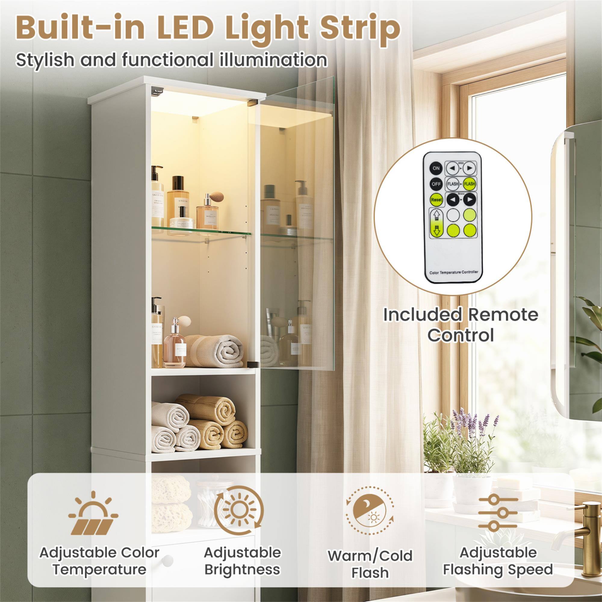 Built-in LED Light Strip  
Stylish and functional illumination  

ON  
OFF  
FLASH  
FLASH  

Ranet  
Color Insperation Controller  

Included Remote Control  

Adjustable Color Temperature  
Adjustable Warm/Cold  
Adjustable Brightness  
Flashing Speed