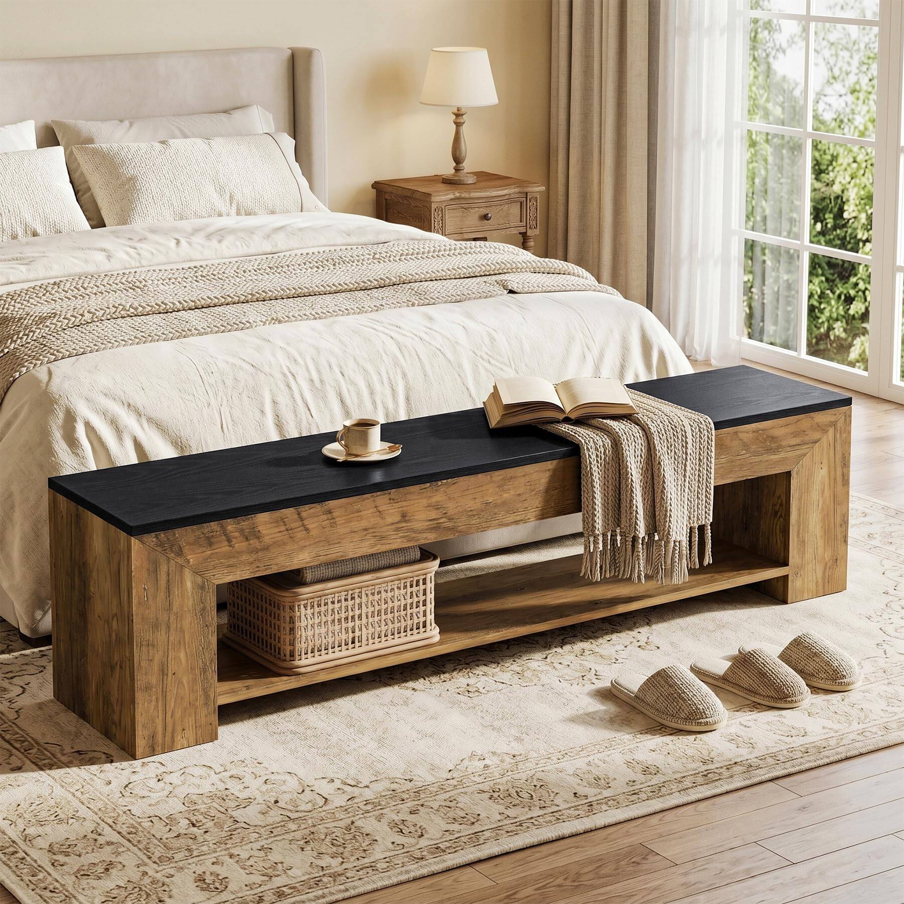 Left. Tribesigns - 71-Inch Extra Long Entryway Bench with Shoe Storage, Farmhouse Shoe Bench with 2 Shelves, Wooden Indoor Seating for Hall - Rustic Brown and Black.