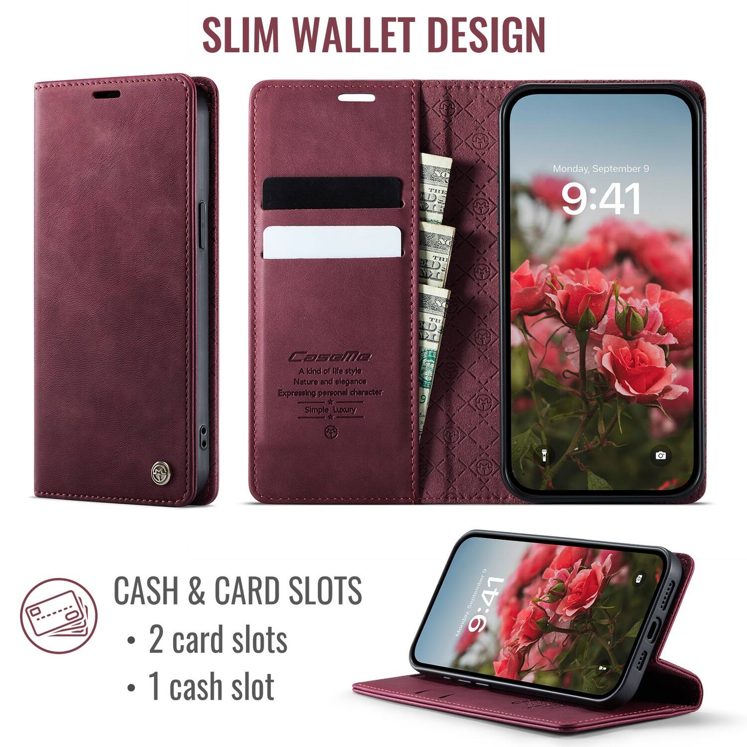 SLIM WALLET DESIGN

Monday, September 9  
9:41

A kind of life style  
Nature and elegance  
Expressing personal character  
A Simple Luxury

CASH & CARD SLOTS  
- 2 card slots  
- 1 cash slot