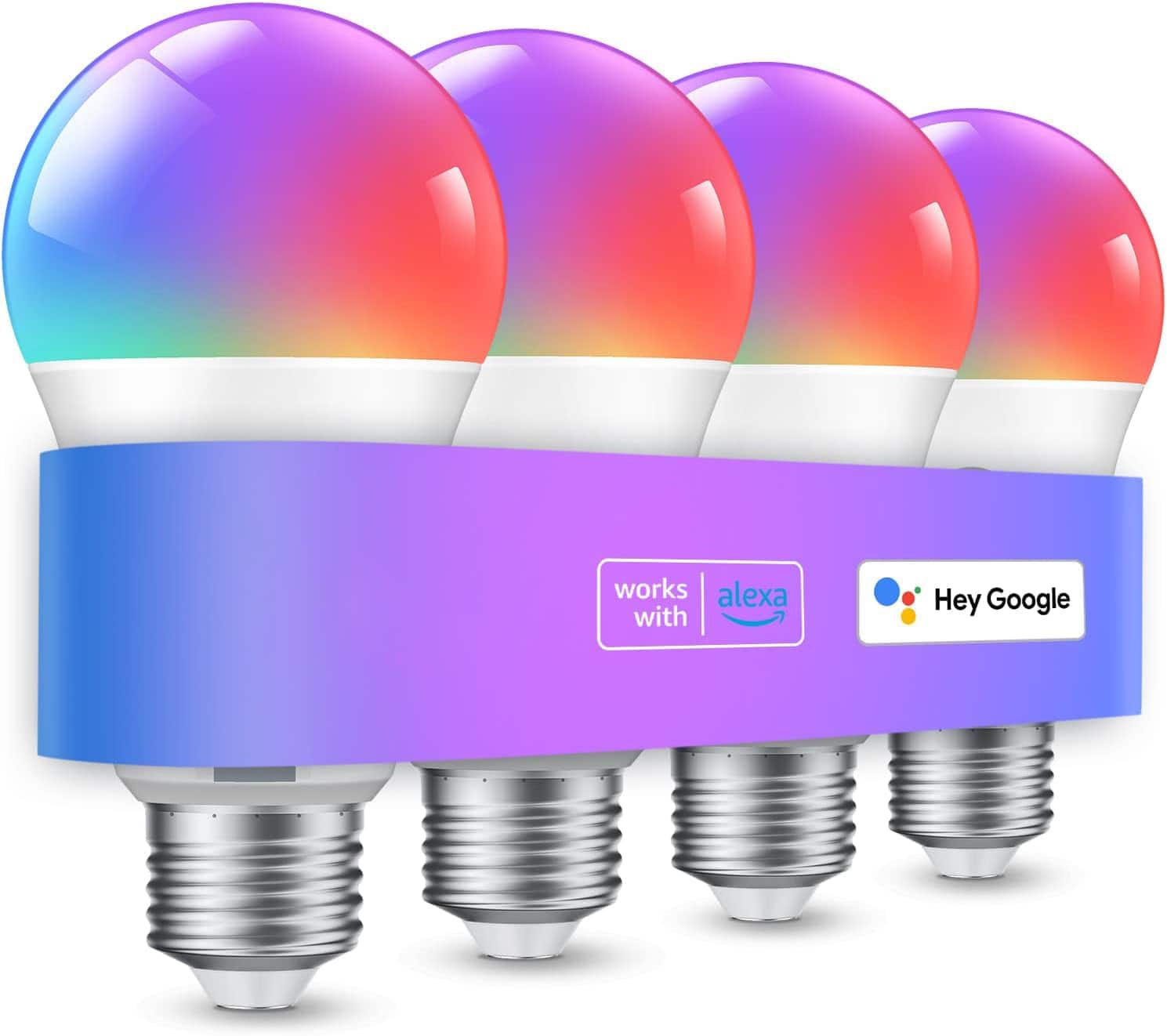 GlowWise - 4-Pack Smart Color Changing Bulbs, 16M Colors, App & Voice Control (Alexa/Google), WiFi & Bluetooth, A19, 800LM - ‎Multicolor