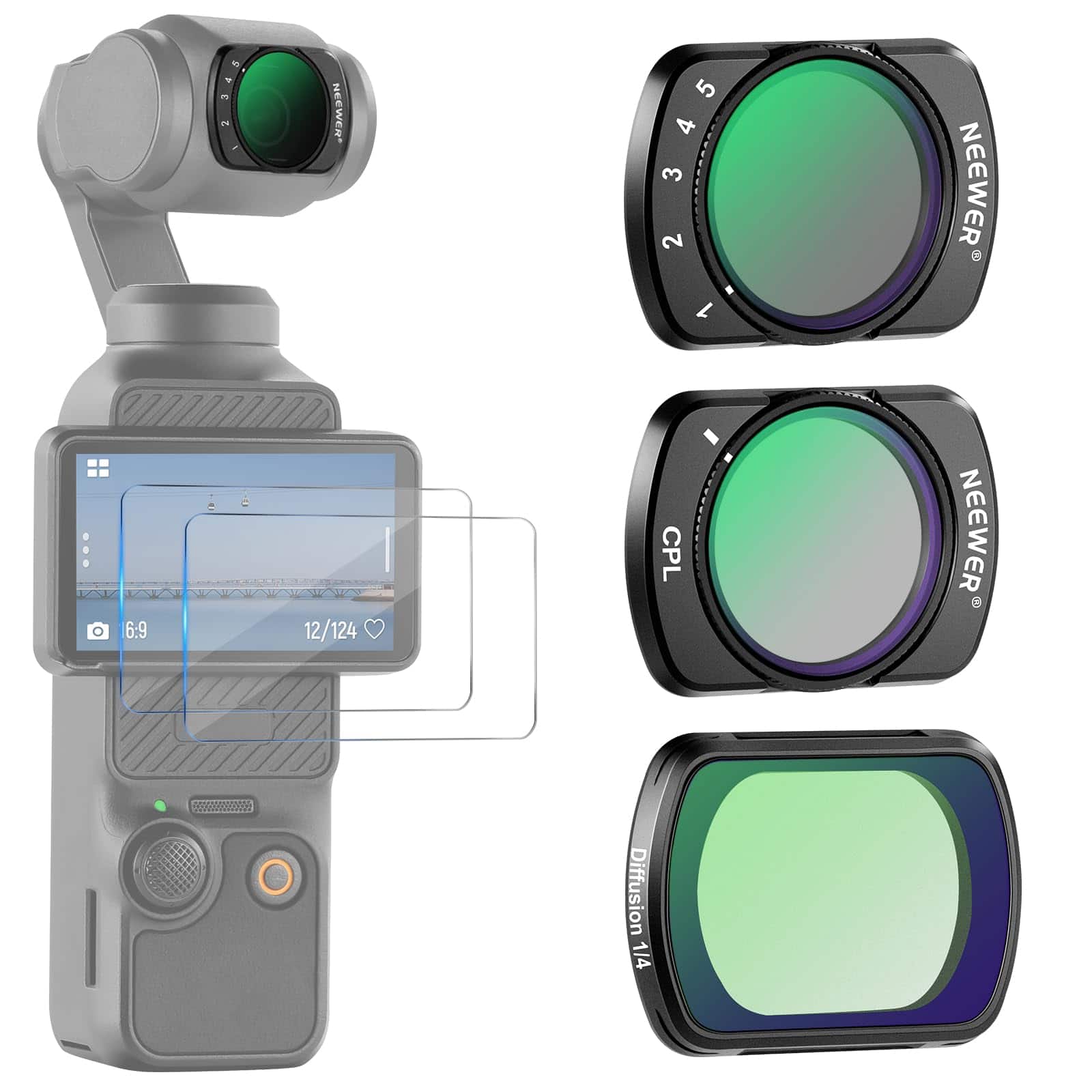 Neewer - Magnetic Filter Kit for DJI Osmo Pocket 3 - Variable ND, CPL, Diffusion & 2 Screen Protectors