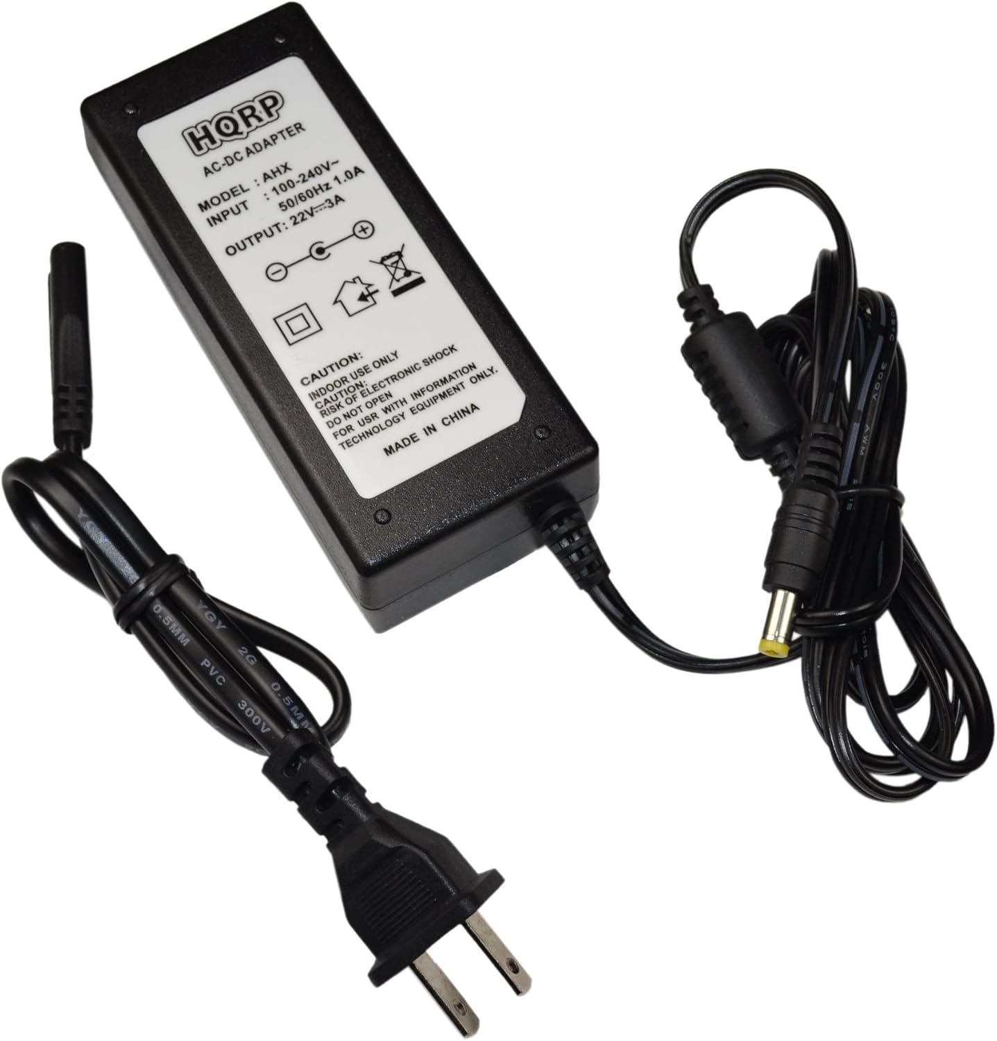 HQRP ADAPTER AC-DC AHX 100-240V- 1.0A  
MODEL: 50/60Hz 22V3A  
INPUT + OUTPUT: ONLY  
SHOCK CAUTION: USE ELECTRONIC INFORMATION ONLY.  
CAUTION RISK OF OPEN WITH EQUIPMENT NOT USR  
CHINA DO IN FOR TECHNOLOGY MADE  
0.5MM YGY 2G PVC 300V 0.5MF