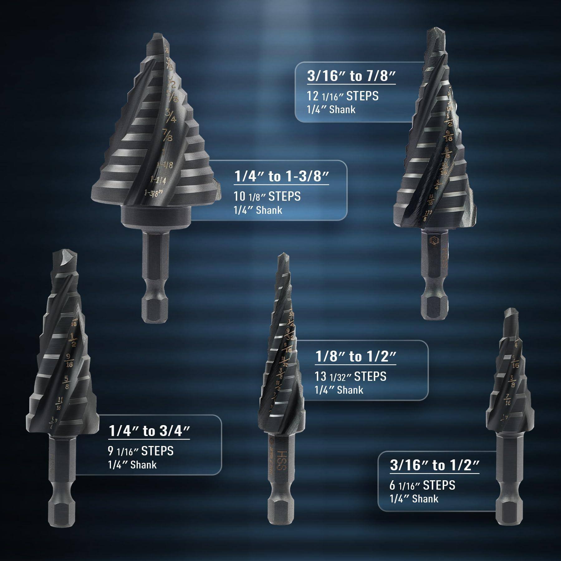 Sure, here is the corrected and grouped text:

- **3/16" to 7/8"**
  - 12 1/16" STEPS
  - 1/4" Shank

- **1/4" to 1-3/8"**
  - 10 1/8" STEPS
  - 1/4" Shank

- **1/4" to 3/4"**
  - 9 1/16" STEPS
  - 1/4" Shank

- **1/8" to 1/2"**
  - 13 1/32" STEPS
  - 1/4" Shank

- **3/16" to 1/2"**
  - 6 1/16" STEPS
  - 1/4" Shank