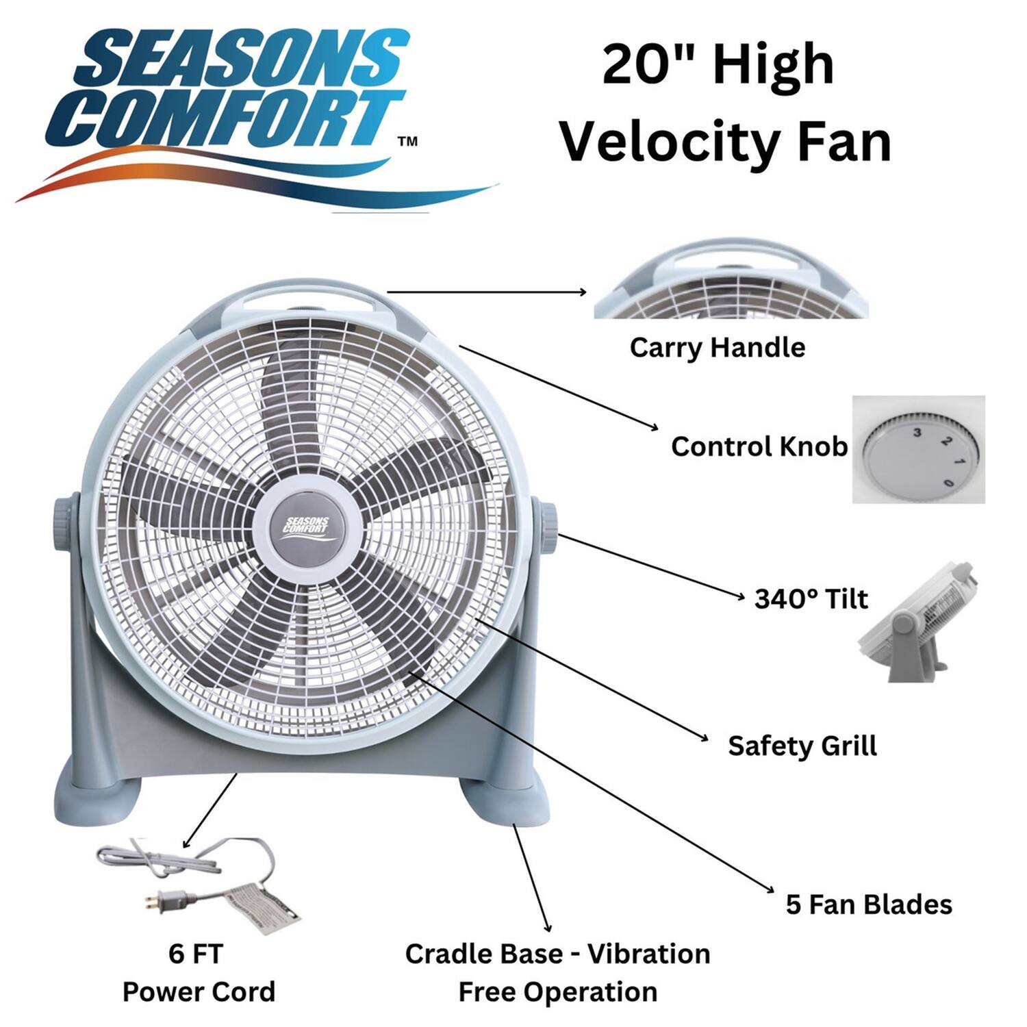 SEASONS COMFORT™ 20" High Velocity Fan

- Carry Handle
- Control Knob
- 340° Tilt
- Safety Grill
- 5 Fan Blades
- 6 FT Power Cord
- Cradle Base - Vibration Free Operation
