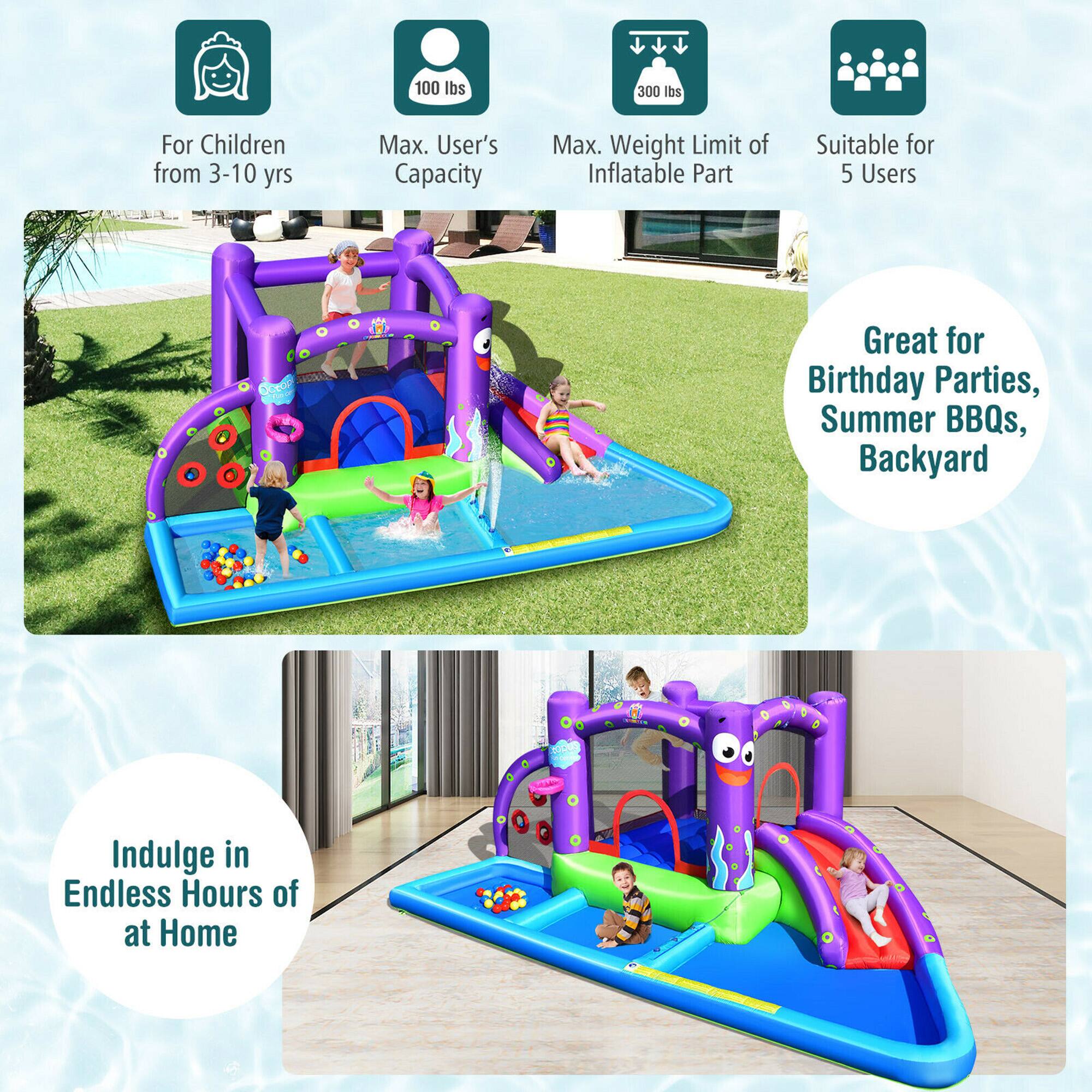 - For Children from 3-10 yrs
- Max. User's Capacity: 100 lbs
- Max. Weight Limit of Inflatable Part: 300 lbs
- Suitable for 5 Users
- Great for Birthday Parties, Summer BBQs, Backyard
- Indulge in Endless Hours of at Home