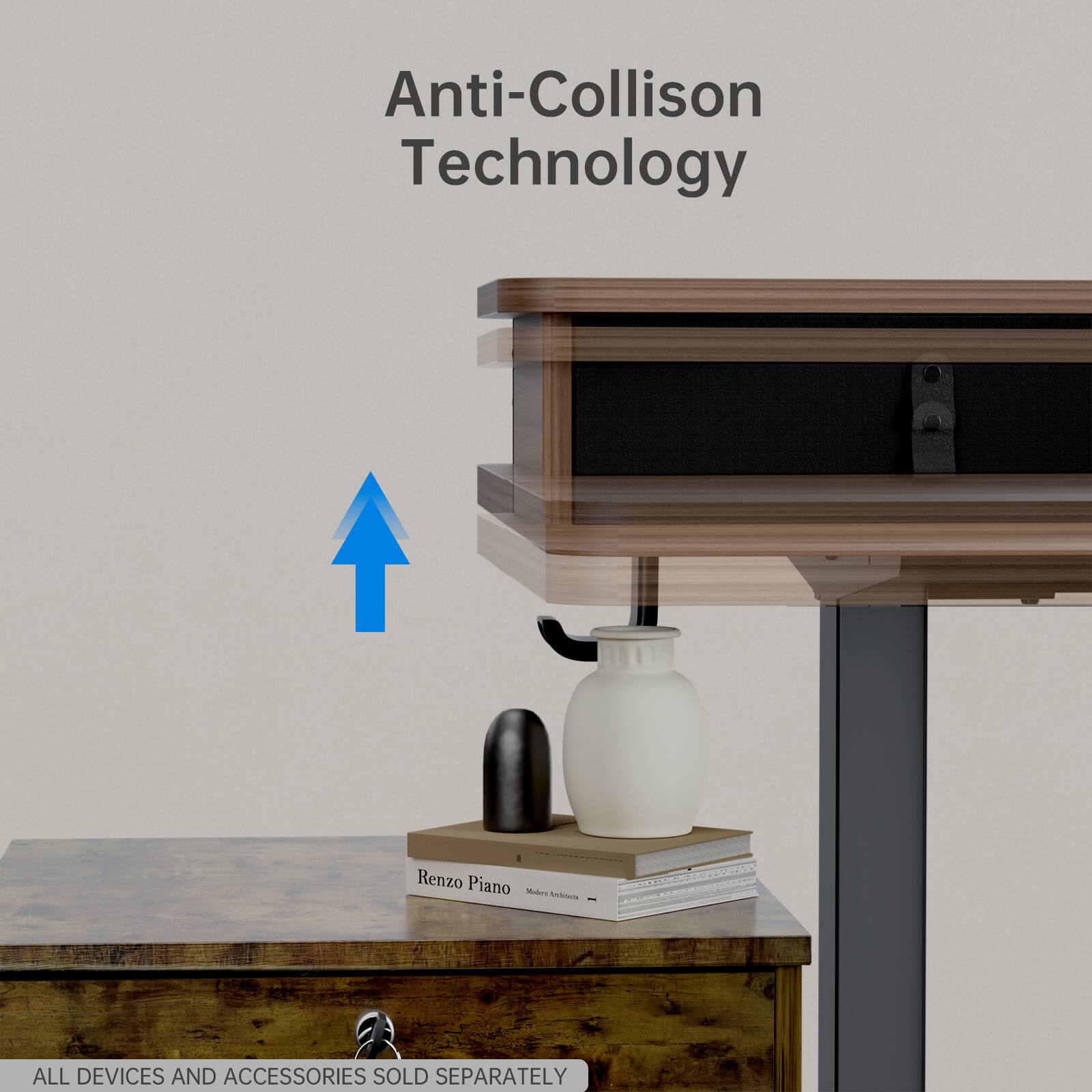 Anti-Collision Technology by Renzo Piano is showcased in the image. The technology is designed to prevent accidents and ensure the safety of users. The image features a wooden desk with a white vase and a book on top of it. The vase is positioned in front of the book, and the desk is accompanied by a chair. The anti-collision technology is likely integrated into the desk or chair, providing a secure and accident-free environment for users.