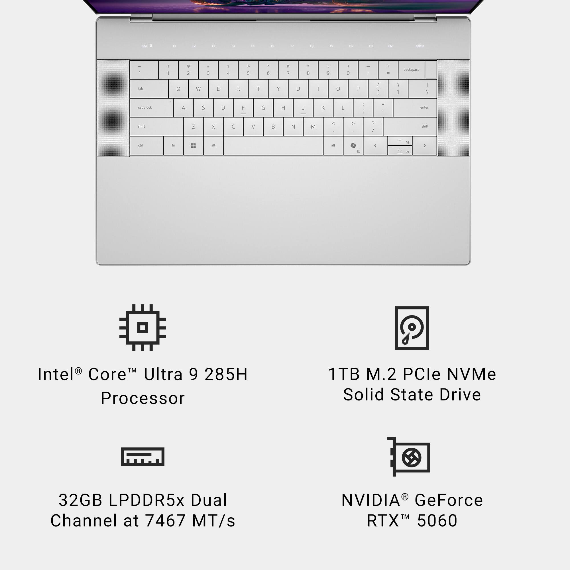 Intel Core™ Ultra 9 285H Processor
1TB M.2 PCIe NVMe Solid State Drive
32GB LPDDR5x Dual Channel at 7467 MT/s
NVIDIA GeForce RTX™ 5060