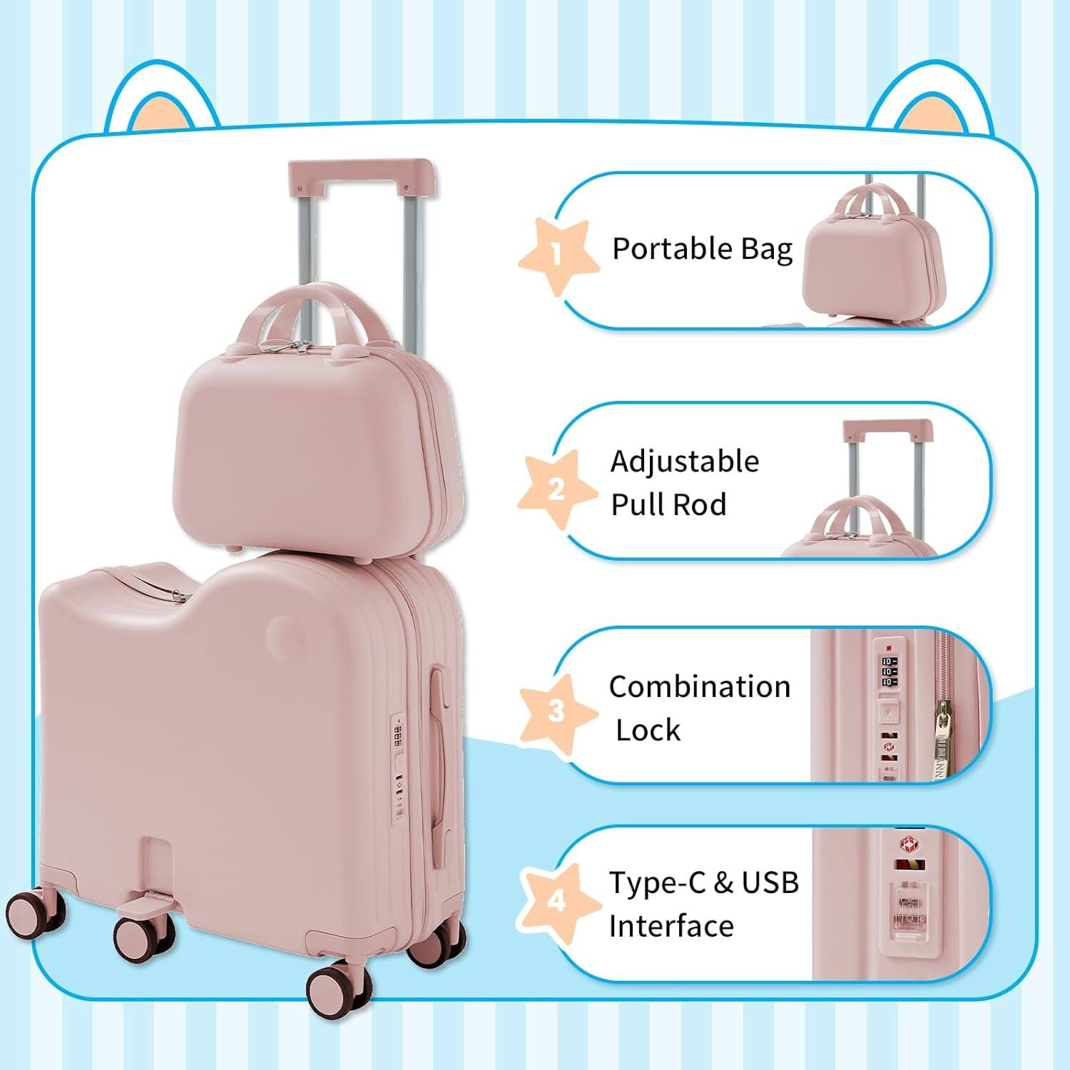 1. Portable Bag  
2. Adjustable Pull Rod  
3. Combination Lock  
4. Type-C & USB Interface