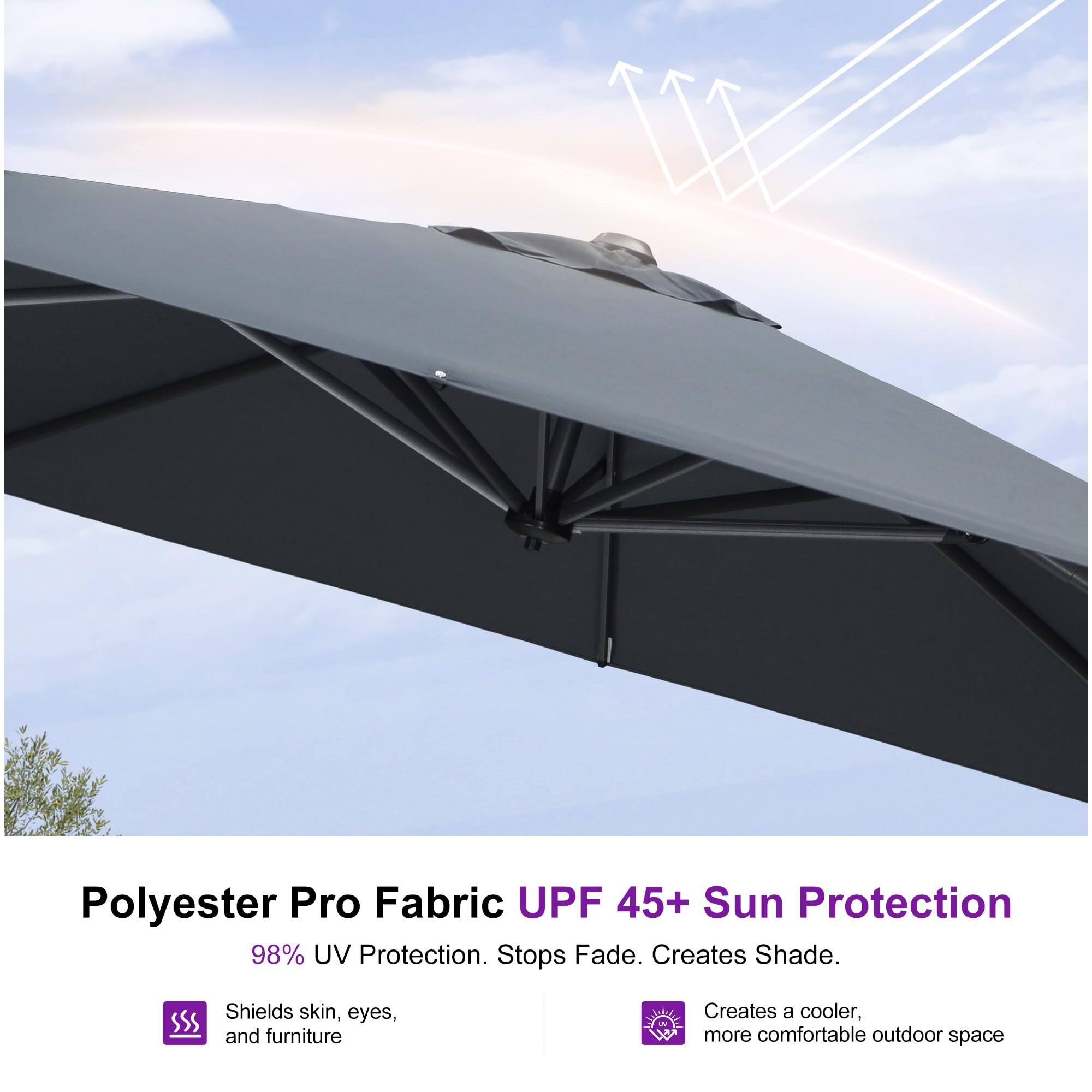 Polyester Pro Fabric UPF 45+ Sun Protection

98% UV Protection. Stops Fade. Creates Shade.

- Shields skin, eyes, and furniture
- Creates a cooler, more comfortable outdoor space