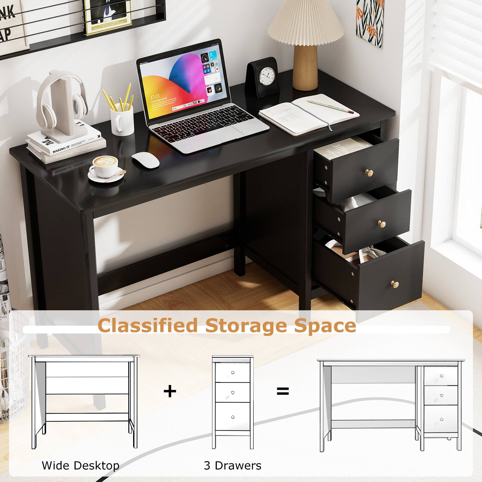 NK AP  
Classified Storage Space  
Wide Desktop + 3 Drawers