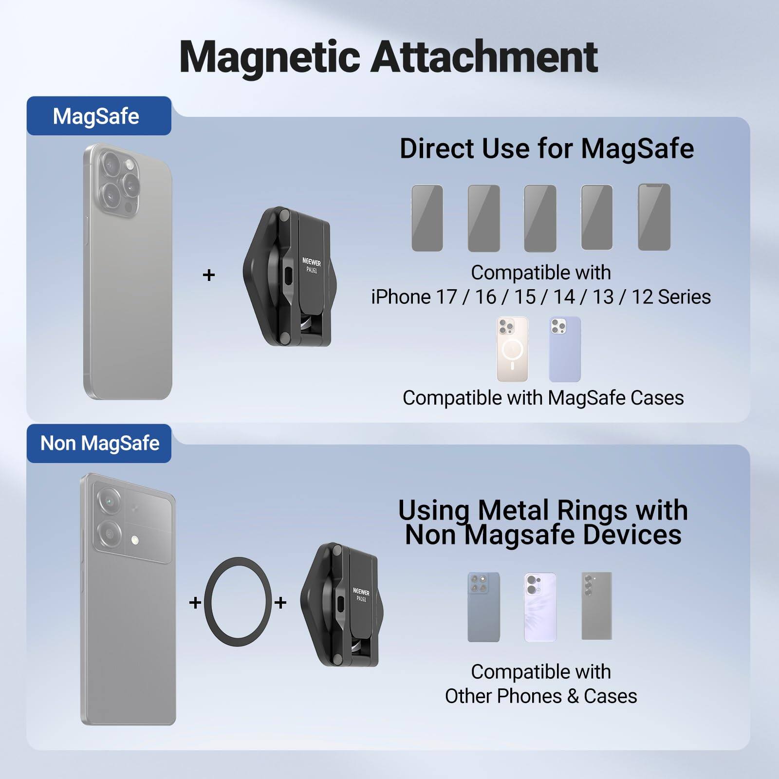 Magnetic Attachment  
MagSafe Direct Use for MagSafe  
Compatible with iPhone 17/16/15/14/13/12 Series  
Compatible with MagSafe Cases  

Non MagSafe  
Using Metal Rings with Non MagSafe Devices  
Compatible with Other Phones & Cases