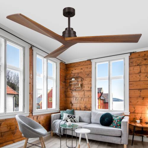 Alt View 1. LUCKY ONE - 52" Low Profile Ceiling Fan No Light Remote 3 Wood Blades 6-Speed - Natural Wood.