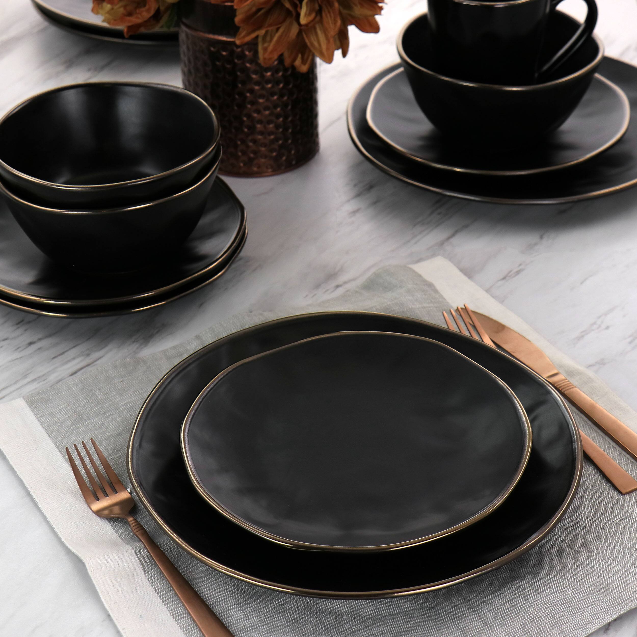 Alt View 9. Elama - Elama Modern 16 Piece Stoneware Dinnerware Set in Matte Black with Gold Rim - Black.