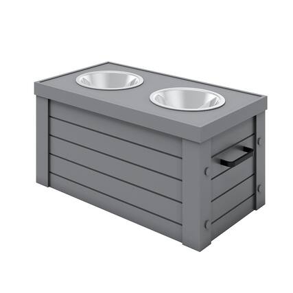 Front. New Age Pet - Elevated Dog Feeder in Grey, Two Bowl Design, Small to Medium Size Dog - Gray.