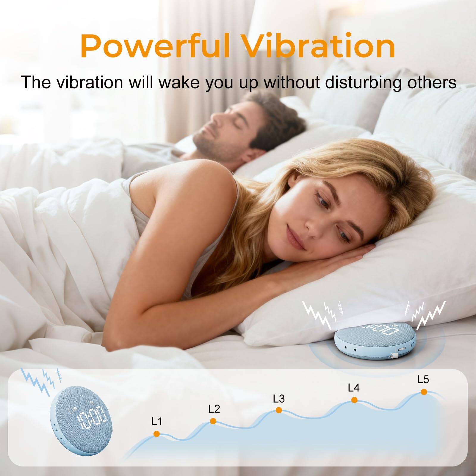 Powerful Vibration  
The vibration will wake you up without disturbing others  

A0O 44 W 1  

L1 L2 L3 L4 L5