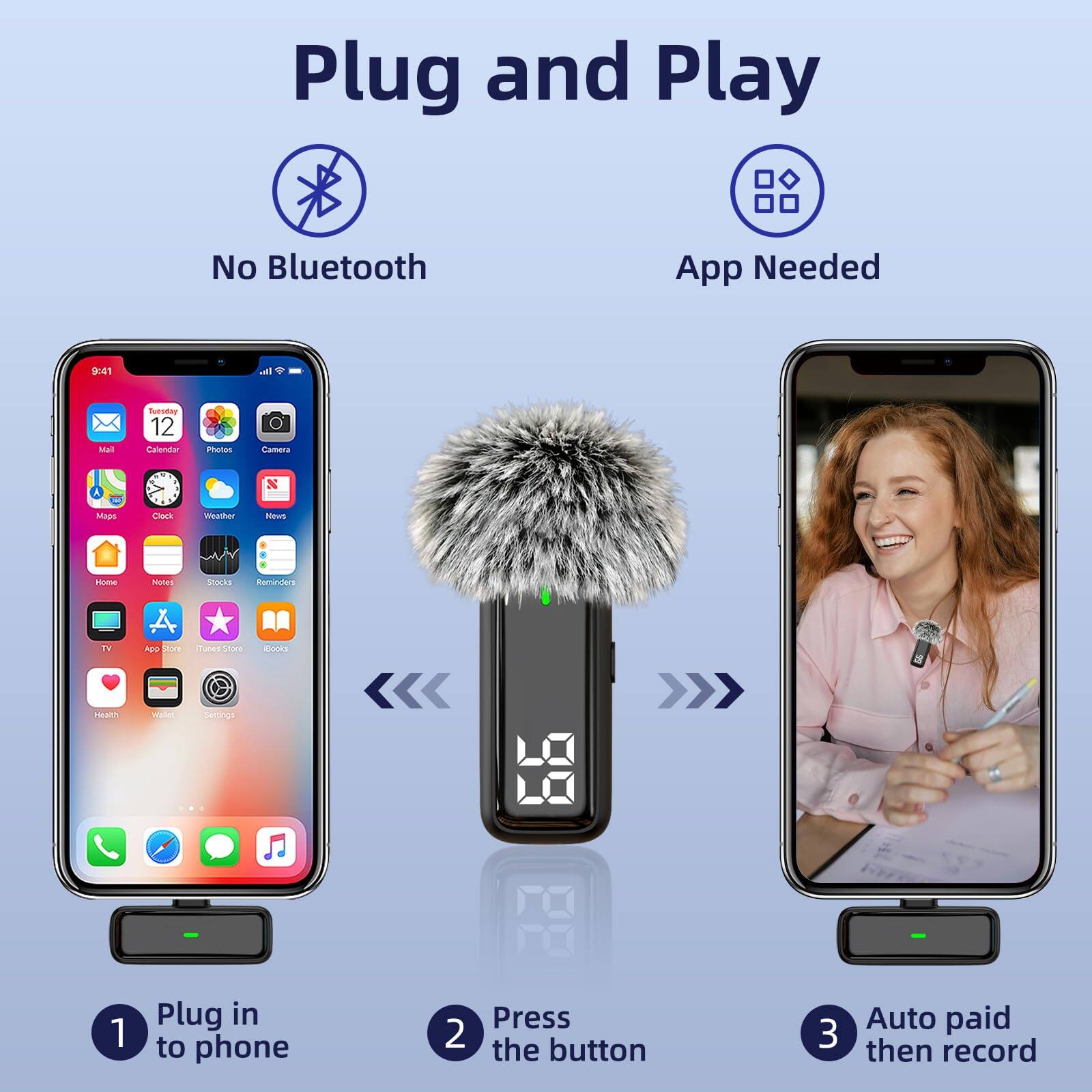 Plug and Play

No Bluetooth

App Needed

1. Plug in to phone
2. Press the button
3. Auto paid then record