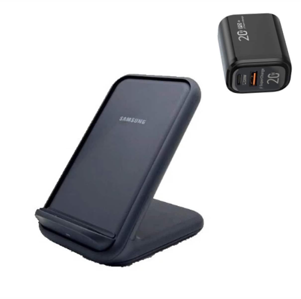 SKRAN - 15W Desktop Upright Phone Stand with Charging Port - Fast-Charging Stand Wireless Charger , Charging Station for Samsung - Black