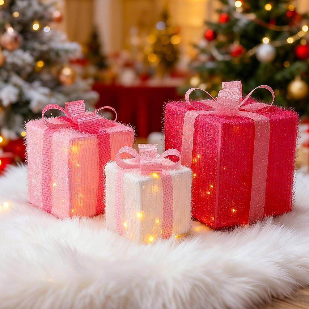 Front. Schertz - Set of 3 Lighted Christmas Gift Boxes w/ Pre-Lit USB Lights - Pink.