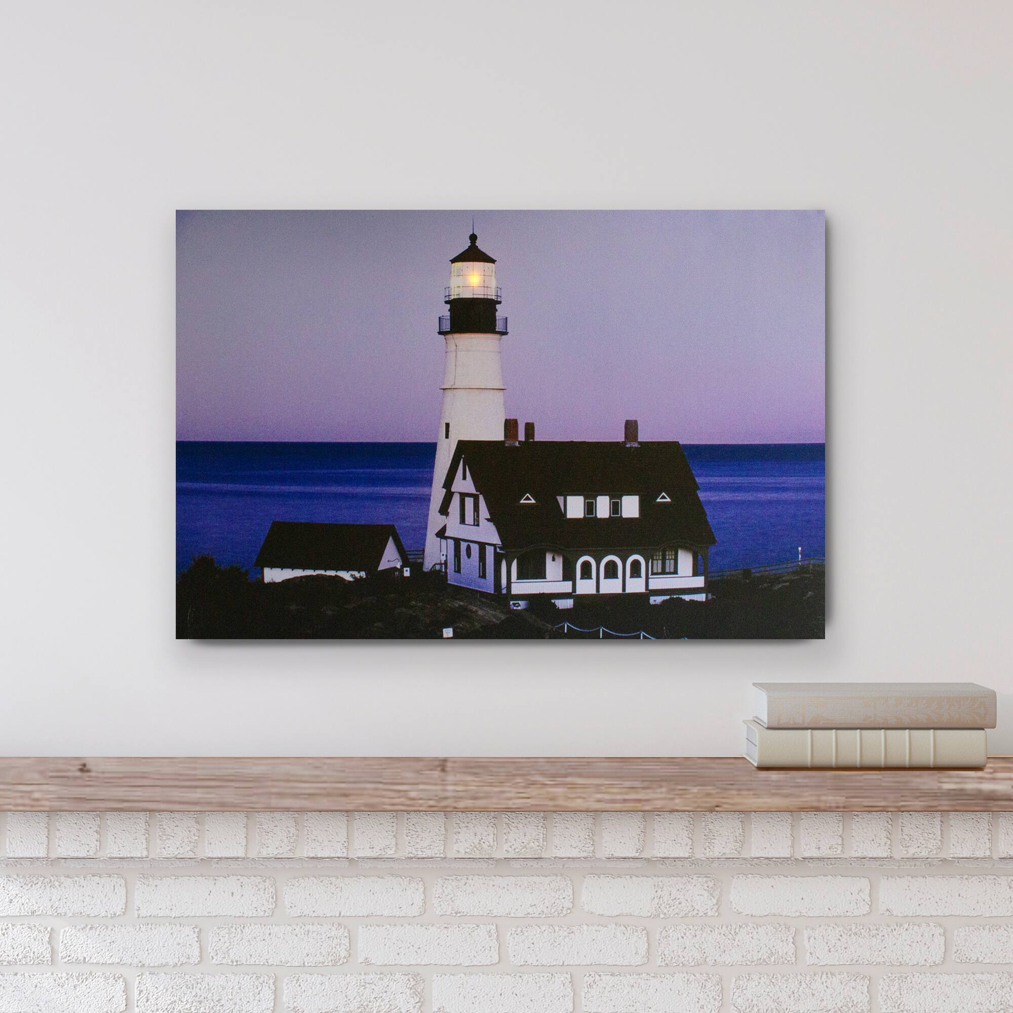 Alt View 1. Northlight - LED Lighted Dusk Lighthouse Seaside Scene Canvas Wall Art 15.75" x 23.75" - Blue.