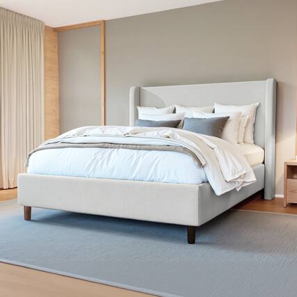 Front. KERDOM - Platform Bed Frame With Chenille High Headboard & Strong Legs, Tall Wingback, Noise-Free, 800lbs Capacity, Widen Side - White.