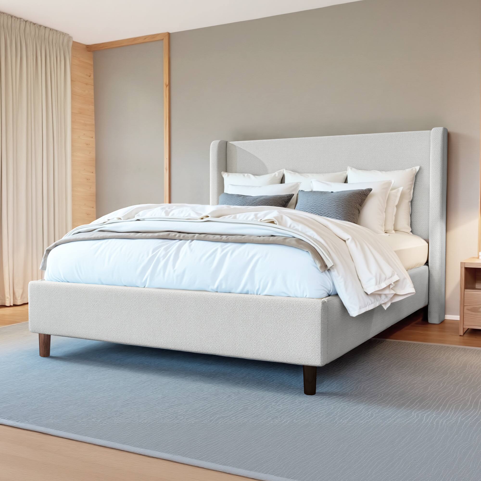 Front. KERDOM - Platform Bed Frame With Chenille High Headboard & Strong Legs, Tall Wingback, Noise-Free, 800lbs Capacity, Widen Side - White.