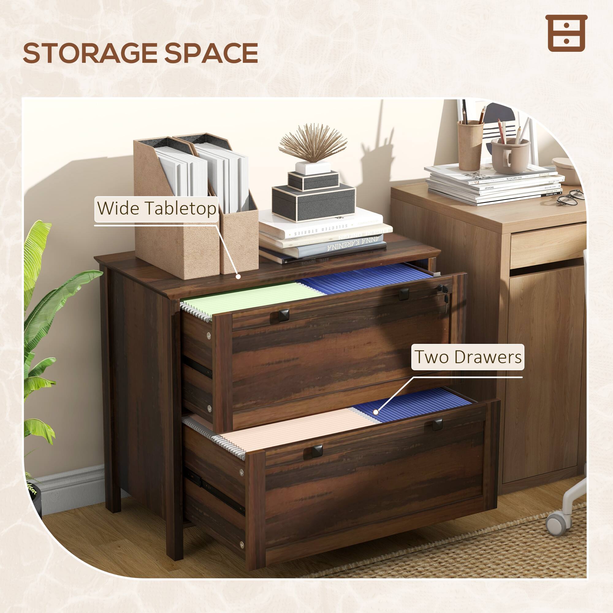 STORAGE SPACE  
Wide Tabletop  
Two Drawers
