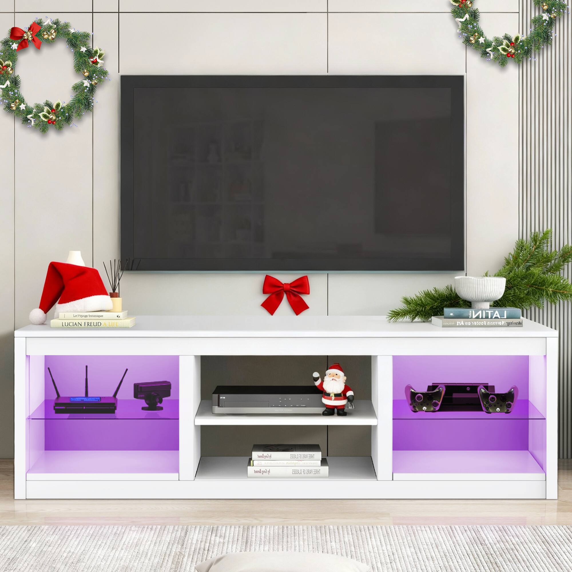 Ihomeadore - 66" TV Stand with Open Storage Shelves Media Console for TVs up to 75" - White