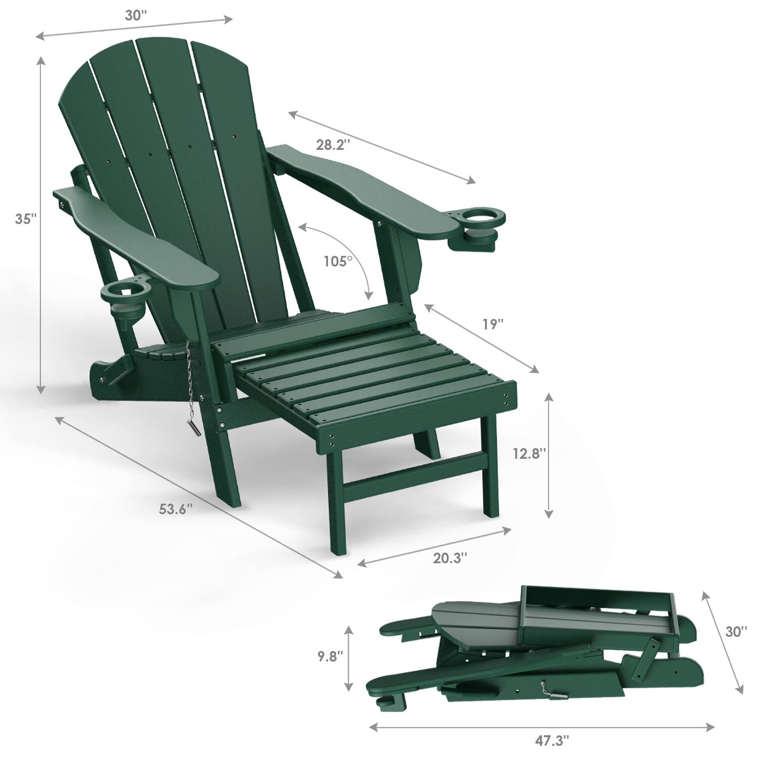 - Width: 30"
- Height: 35"
- Depth: 53.6"
- Armrest Height: 28.2"
- Seat Height: 19"
- Seat Depth: 12.8"
- Backrest Height: 35"
- Backrest Angle: 105°
- Base Width: 47.3"
- Base Height: 9.8"
- Base Length: 20.3"
- Base Width (folded): 30"