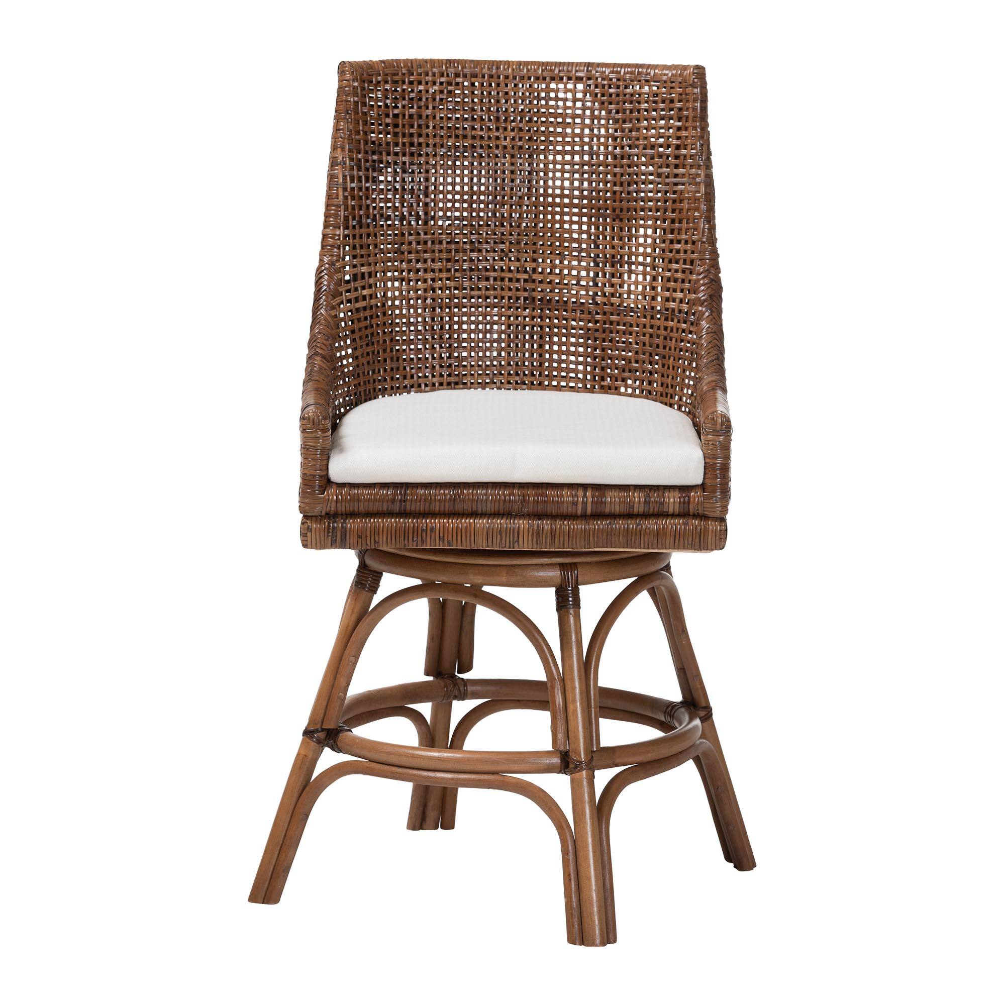 Angle. bali & pari - Bella Swivel Rattan Counter Stool with Cushion - Handwoven Wicker Kitchen Island Seating with Backrest and Footrest - Coffee Bean.