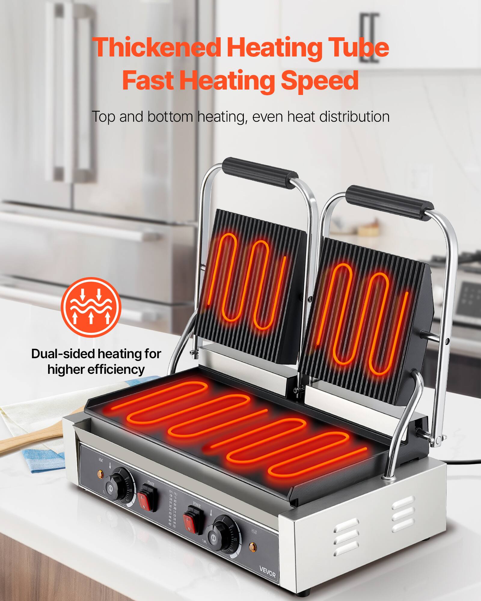 Thickened Heating Tube Fast Heating Speed  
Top and bottom heating, even heat distribution  
Dual-sided heating for higher efficiency  

WWW A   ROWER RF 1 VEVOR