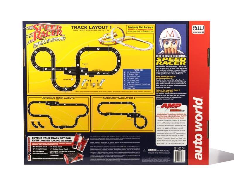 SPEED RACER  
MACH 5 MANIA  
ELECTRIC RACING TRACK  

TRACK LAYOUT 1  
TRACK LAYOUT APPROXIMATE SIZE: 54" x 56"  

Track and Slot Cars are 100% Compatible with AUTO WORLD "AFS Race"  

HERE HE COMES... SPEED RACER  

Track ALTERNATE TRACK LAYOUT 2  
EXTEND YOUR TRACK SET FOR EVEN LONGER RACING ACTION!  

Pro Pus Moel TRA G W Carve his Y 2 ALTERNATE TRACK LAYOUT 2  

K AMP - 08/15/25 CH1  

WARNING: CHOKING HAZARD - Small parts. Not for children under 3 years.  

auto world
