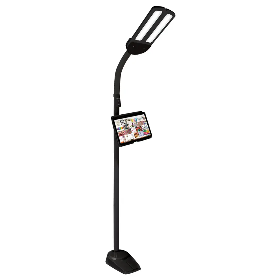 The image features a black lamp with a tablet attached to it. The tablet is displaying a variety of images, showcasing its versatility as a standalone device or a tool for presentations. The lamp serves as a convenient and portable stand for the tablet, making it an ideal choice for those who need to work or study on the go.
