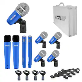 5 CORE - Drum Mic Kit 9 Pcs Kick Bass Tom Snare Dynamic Microphone Instrument Mics Set - Blue