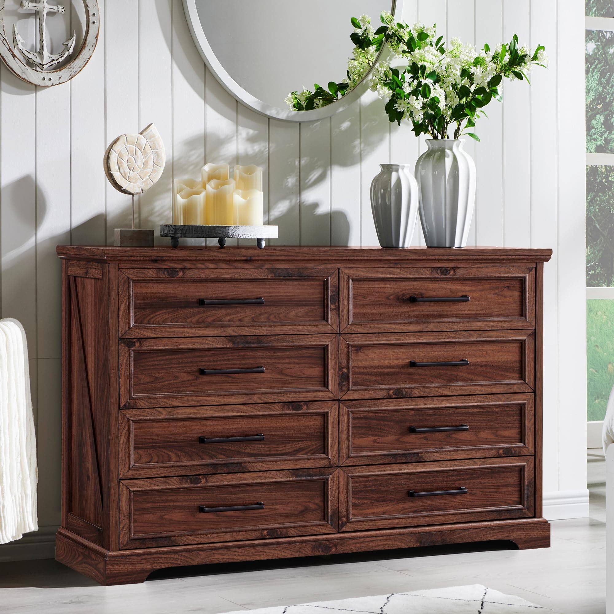 OMOMMD - Rustic wooden entrance dresser, bedroom storage cabinets - Brown 15.6"D x 52"W x 37.6"H (8 Drawers)
