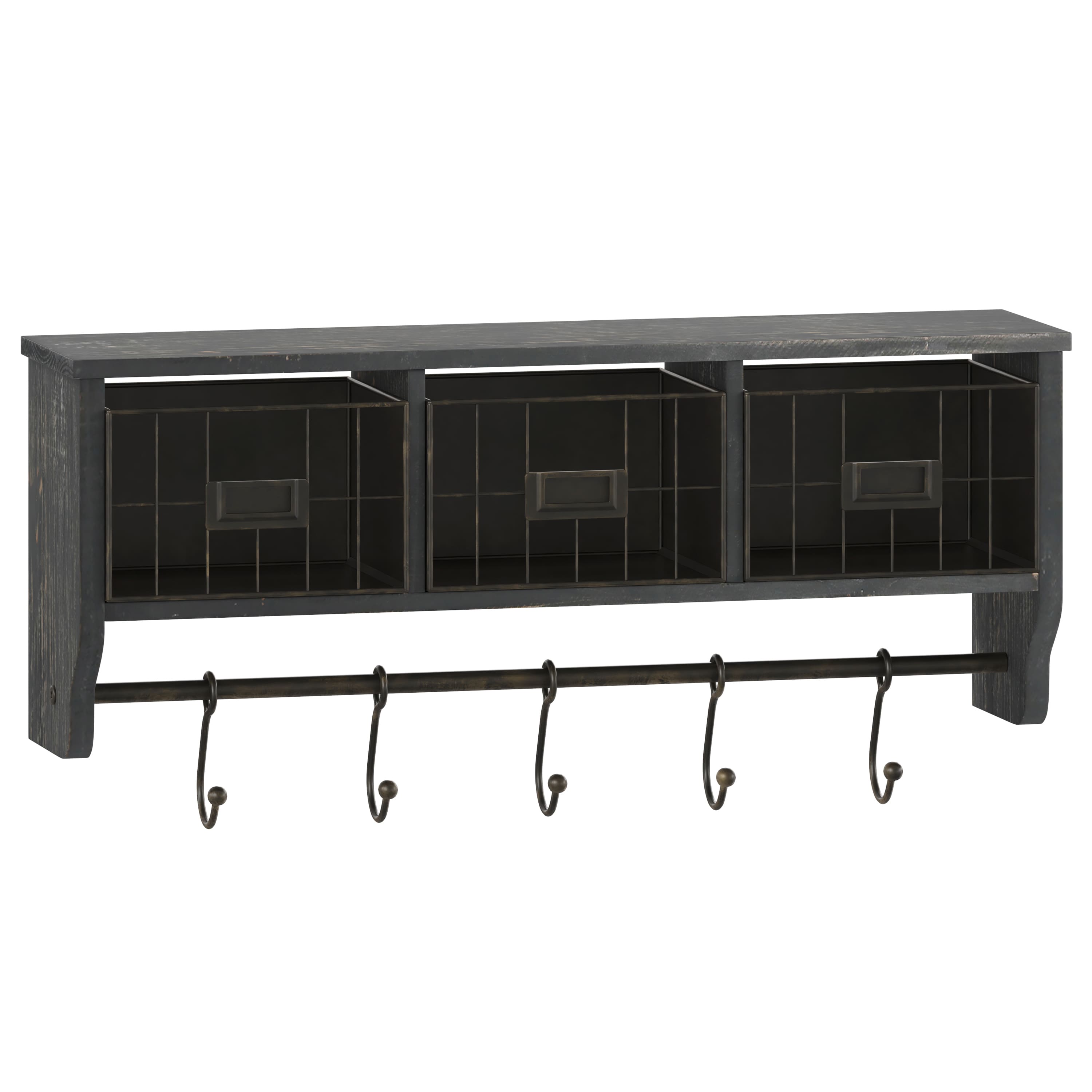 Emma + Oliver - Mulhall Rustic Country Wall Mounted Shelf with 5 Adjustable Sliding Hooks and Three Wire Storage Baskets - Black Wash price history on PriceWatchPro