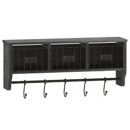Emma + Oliver - Mulhall Rustic Country Wall Mounted Shelf with 5 Adjustable Sliding Hooks and Three Wire Storage Baskets - Black Wash
