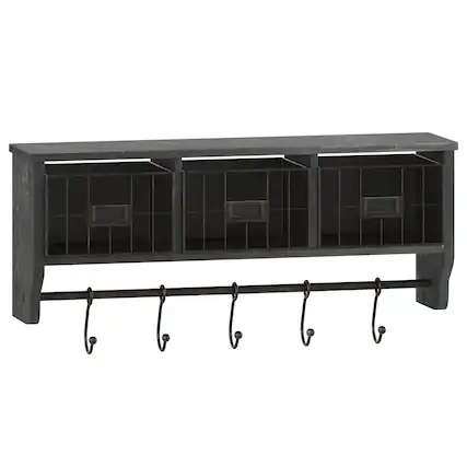 Front. Emma + Oliver - Mulhall Rustic Country Wall Mounted Shelf with 5 Adjustable Sliding Hooks and Three Wire Storage Baskets - Black Wash.