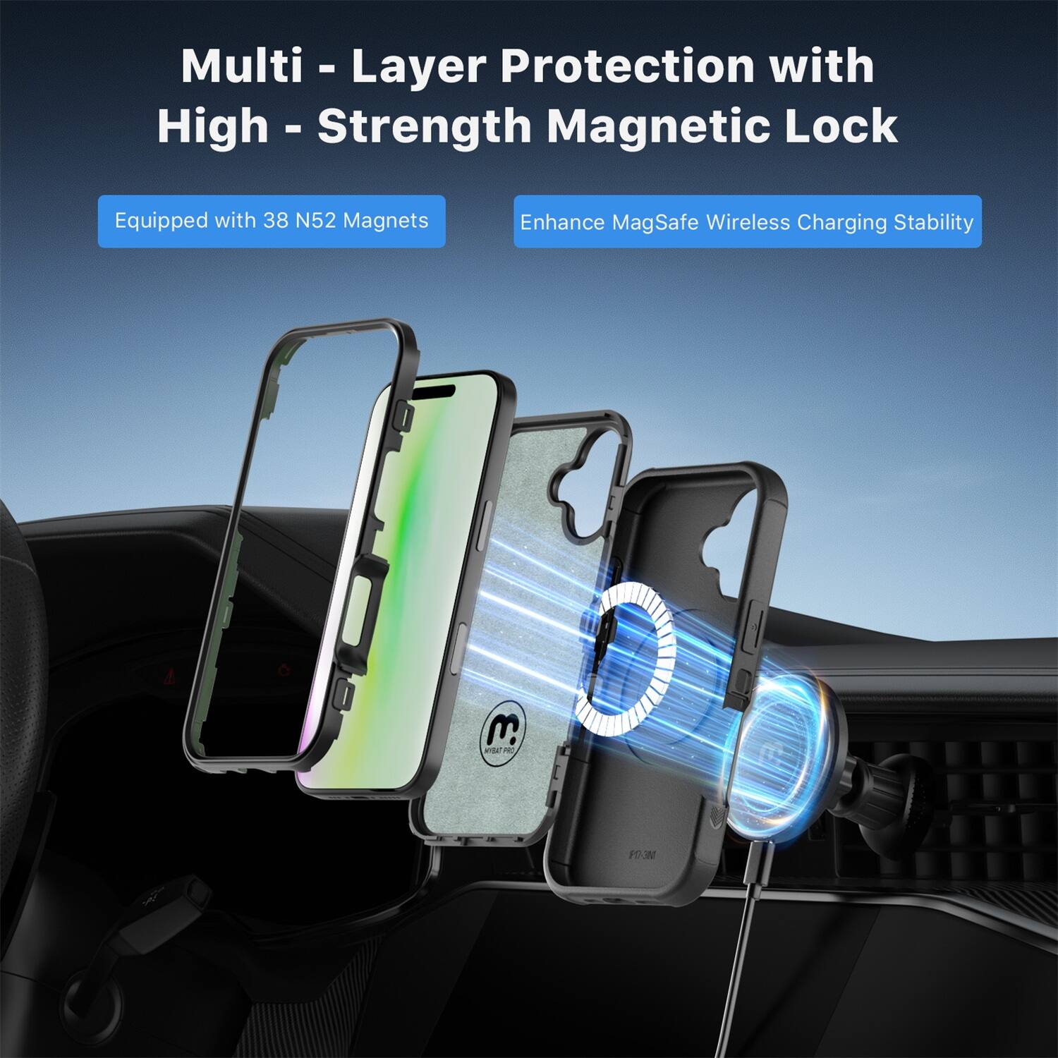 Multi-Layer Protection with High-Strength Magnetic Lock

Equipped with 38 N52 Magnets

Enhance MagSafe Wireless Charging Stability