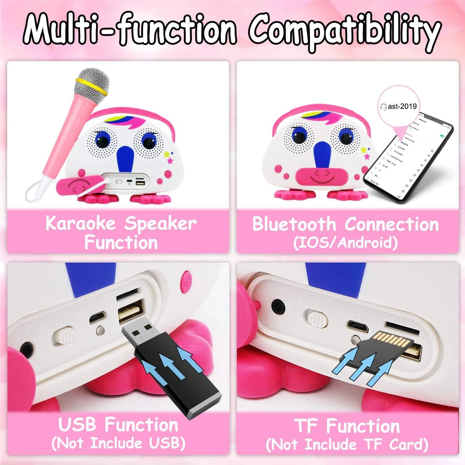 Multi-function Compatibility

- Karaoke Speaker Function
- Bluetooth Connection (IOS/Android)
- USB Function (Not Include USB)
- TF Function (Not Include TF Card)