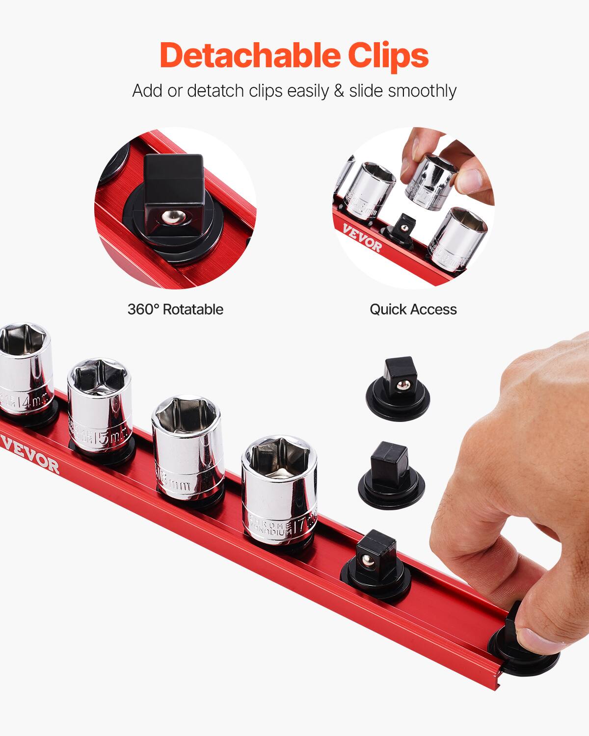 Detachable Clips  
Add or detach clips easily & slide smoothly  

360° Rotatable  
Quick Access  

VEVOR  
14mm  
15mm  
17mm  
CHROME  
CHROMIUM