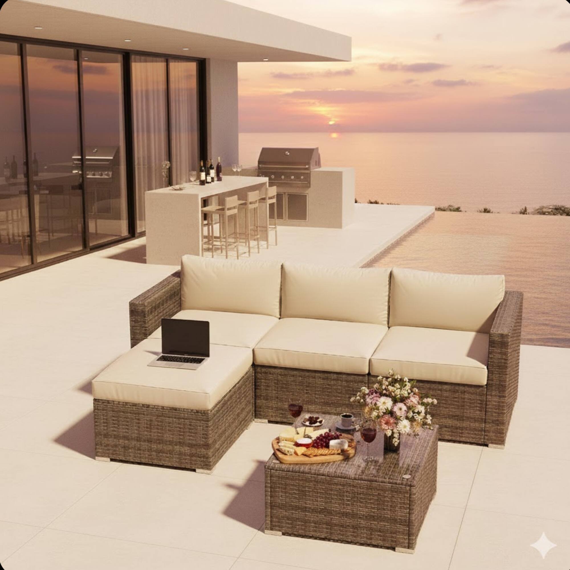 Left. Mondawe - 5-Piece All-Weather Wicker Patio Conversation Set with Cushions and Glass Table - Beige.