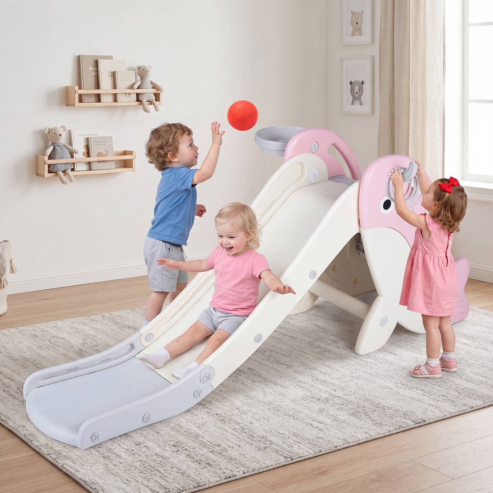 Alt View 1. Costway - Costway Foldable Toddler Slide with Basketball Hoop, Ring Toss, Ball, Inflator & Rings - Pink.